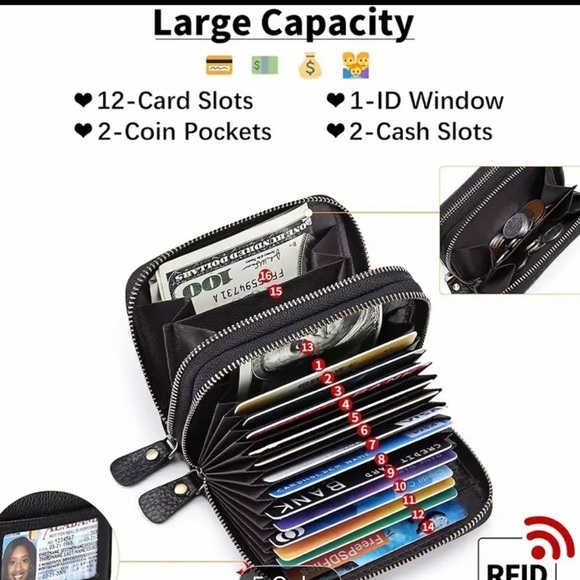 NWOT Ciephia Women’s Black RFID Leather Wallet Credit Card Slips Two Zip Closure - Picture 10 of 12